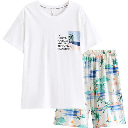 芬腾男士睡衣纯棉夏季短袖薄款套装青年休闲宽松可外穿全棉家居服