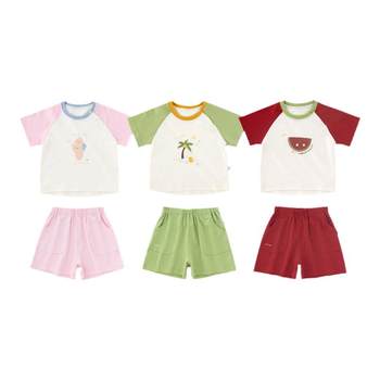 YOUGE Baby Song 2024 New Contrast Color Cartoon Round Neck Short Sleeve T-shirt Summer Loose and Versatile Shorts