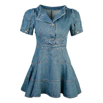 Retro Blue Denim Waist Denim Dress ແມ່ຍິງ Summer Hem A-Line Skirt ແອວສູງ