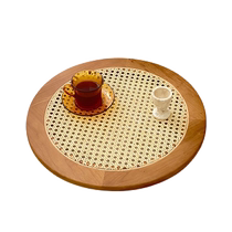 Simple ins style rattan tray solid wood dinner plate designer retro photo prop round storage plate decoration