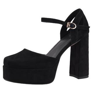 misili 真皮包头高跟鞋防水台粗跟凉鞋女2025春夏季新款中空女鞋