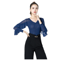2024 New Latin Dance Practice Clothes Womens Dance Tops Long Sleeves Modern Ballroom Dance Performance Costumes High-end Blue