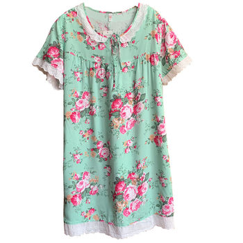 Summer Korean Korean cotton silk nightgown for girls, sweet and fresh-sleeved short-sleeved pajamas, ຂະຫນາດຂະຫນາດໃຫຍ່ທຽມຝ້າຍວ່າງເຄື່ອງນຸ່ງຫົ່ມບ້ານ