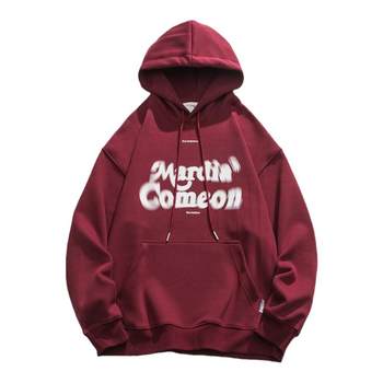 BOLM Spring and Autumn American Blurred Letter Printed Hooded Burgundy Sweatshirt Men's Loose Trendy Brand Hoodie Couple Jacket