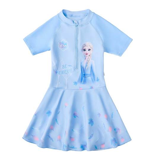 迪士尼儿童泳衣女童防晒速干2025冬新款连体宝宝公主裙式爱莎泳装