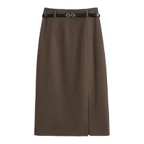 Brown skirt womens mid-length spring and summer 2024 new A-line hip one-step skirt slit skirt suit skirt