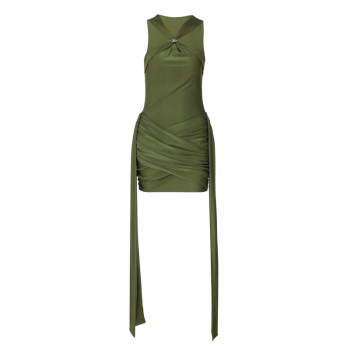 Cnyishe Fashionable and Stylish Hot Girl Metal Buckle Dress with Long Ribbon Design, Waist-Cinching, Slimming, Bodycon Mini Skirt
