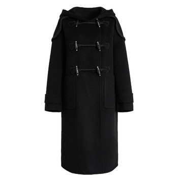 ເສື້ອຄຸມຜ້າຂົນຫນູສີດຳ hooded horn button cloak for women 2023 new autumn and winter wool coat double-sided woolen coat