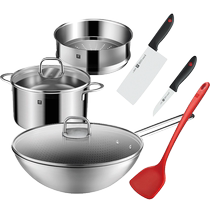 German double standers 6 pieces full set of practical stainless steel wok set with full set of domestic frying pan broth steamer
