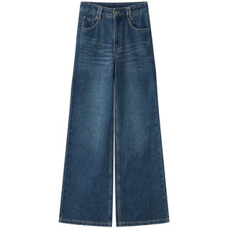 宽松窄版阔腿牛仔裤女2025秋冬新款加绒裤子高腰显瘦小个子直筒裤