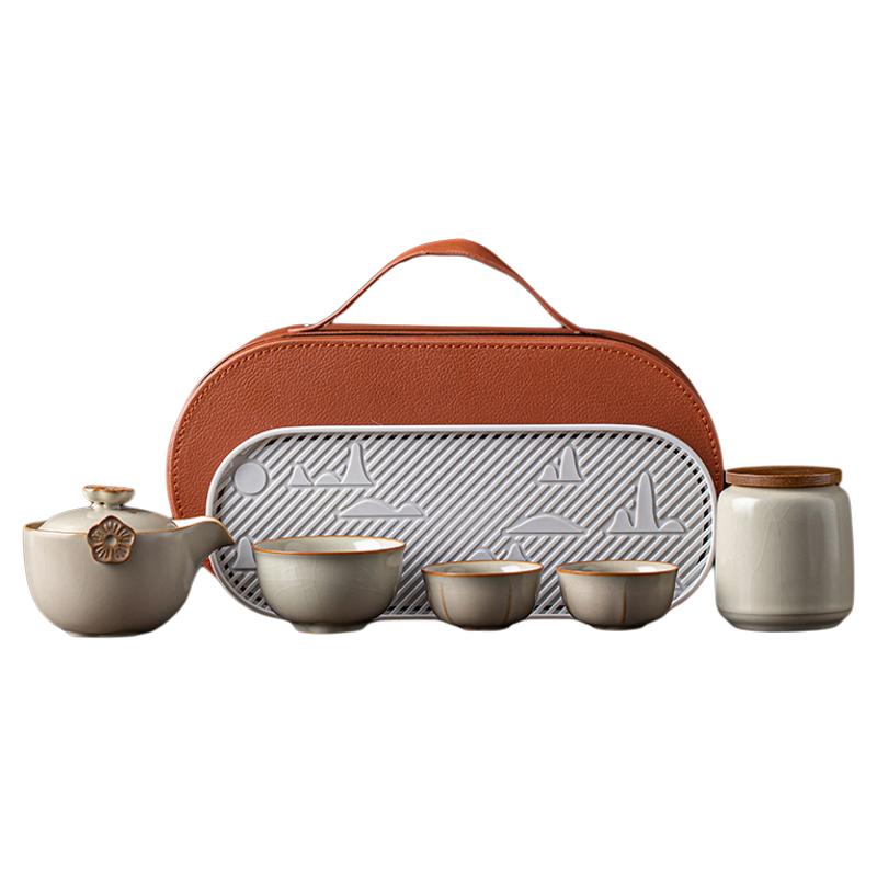 Gold inlaid corn yellow Ru kiln travel tea set
