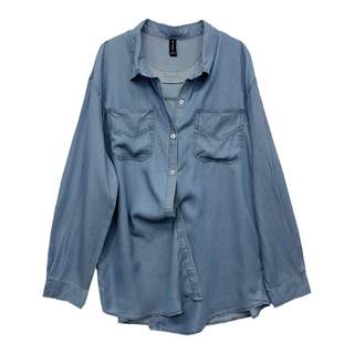 垂感。天丝棉牛仔衬衣女气质水洗宽松显瘦中长款翻领薄款长袖上衣