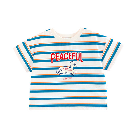 
ILOVEJ Children's Clothing 2025 Summer New Girl Stripe T-shirt Cute Duck Korean Style Casual Short Sleeve/JWUTO48