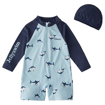 Quick-Drying Sun-Protective Boys' Swimsuit One-Piece Toddler Split Swimsuit Baby Shark Hot Spring Suit Children's Long-Sleeved Swimwear