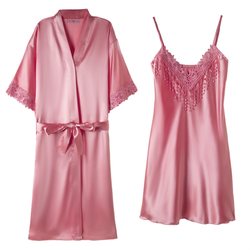 Pajamas for women summer ice silk thin nightgown short-sleeved imitation silk nightgown suspenders sexy lace two-piece home clothes