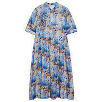 (Flower of the Ocean) puretea tea new Chinese style lace-up printed dress womens silk cotton 2024 summer new style