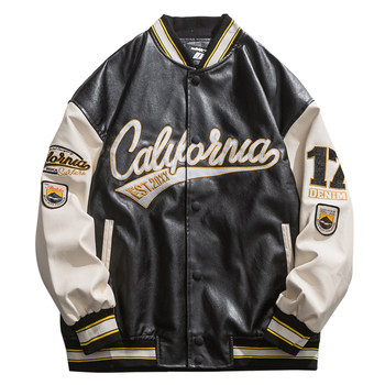 ຍີ່ຫໍ້ Trendy PU ຫນັງ baseball jacket ຜູ້ຊາຍພາກຮຽນ spring ແລະດູໃບໄມ້ລົ່ນວ່າງຄູ່ຜົວເມຍ bomber jacket ຜູ້ຊາຍຖະຫນົນ embroidered ບາດເຈັບແລະ jacket ຜູ້ຊາຍ