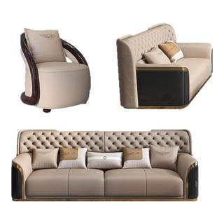 High-Back Leather Pull-Button Sofa Italian Light Luxury Furniture Combination First-Layer Cowhide High-End Villa Living Room