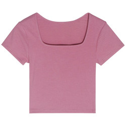 Wu 77 textured pit solid color square collar right shoulder short sleeve women slim hot girl short card waist T-shirt top summer