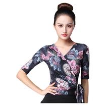 Latin dance clothing for women adult new V-neck lace-up short-sleeved tops ballroom dance dance practice clothes printed dance