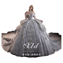 Xihai wedding dress 2024 new bridal main yarn heavy industry one-shoulder large tail high-quality texture small blue