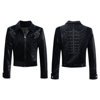 ArguE CulturE蛇脊骨铆钉刺绣皮衣外套女春季PU皮酷飒风黑色上衣