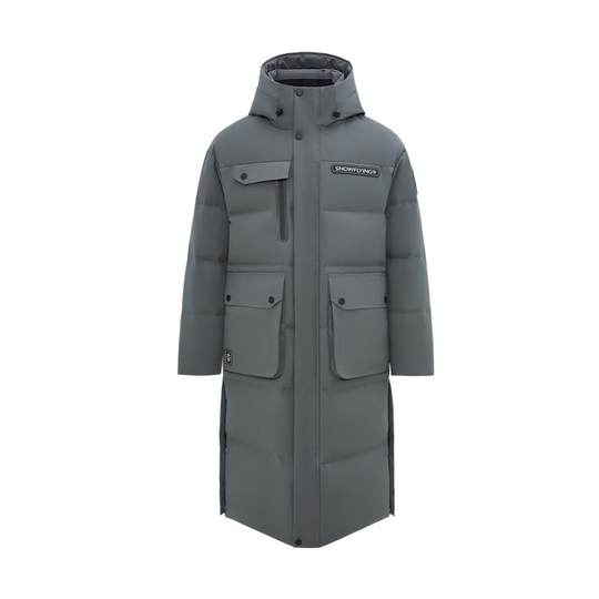 Fashionable and casual long down jacket with flying hood in the snow