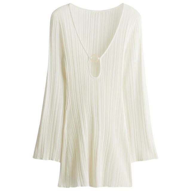 HM Women's Dress 2025 Autumn New V-neck Ribbed Knit Beach Resort Style Long Sleeve Dress 1272279