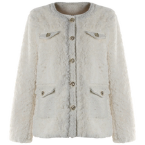 DPLAY winter golden style placket single row three-dimensional embossed metal buckle round neck apricot imitation fur jacket for women