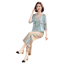 Moms summer silk short-sleeved T-shirt temperament middle-aged and elderly womens summer suit new mulberry silk two-piece set thin