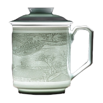 SF gold inlaid jade Huang Shouliang handmade Jingdezhen shadow celadon carved tea cup tea water separation high-end tea