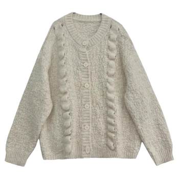 Design-sensing niche temperament knitted jacquard sweater in winter lazy style retro three-dimensional sense versatile knitted jacket trend