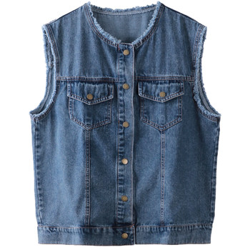 ເສື້ອຍືດ denim ຂະຫນາດໃຫຍ່ສໍາລັບແມ່ຍິງ 200 ປອນໄຂມັນ mm ພາກຮຽນ spring ແລະ summer ແບບເກົາຫຼີວ່າງ retro ຮອບຄໍດິບຂອບ cardigan vest ນອກໃສ່