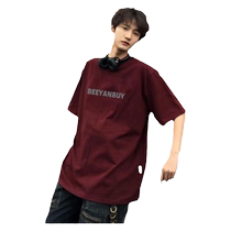 Burgundy pure cotton short-sleeved T-shirt for men in summer loose and casual large size trendy brand American heavyweight half-sleeved T-shirt