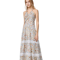 Fabrique deep V lace patchwork floral double strap halter neck Tencel dress