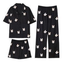 Catman Ice Silk Pajamas Womens Summer Three-piece Set with Breast Pad Short Sleeves 2024 New College Students Can Wear Outside Home Clothes