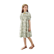Girls National Style Dress 2024 Summer New Style Big Childrens New Chinese Ink Print Childrens Puff Sleeve Floral Dress