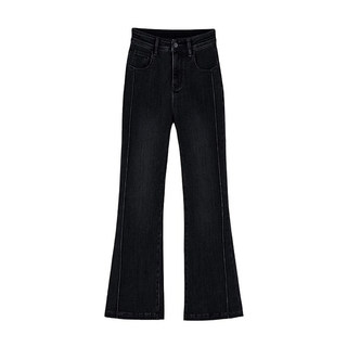 黑色微喇牛仔裤女秋冬加绒大码梨形身材胖mm高腰弹力显瘦九分裤子