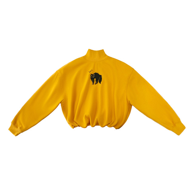 Kamo original new black cat embroidered fleece sweatshirt