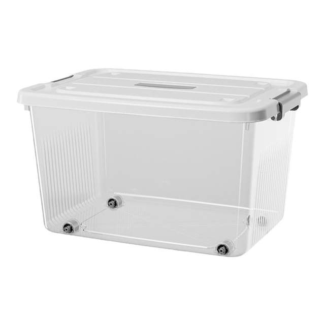 Transparent storage box with plastic clothes and toys