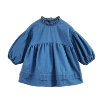 (Clearout) Marc Jenny Autumn New Girls Pastoral Style Lace Stand Collar Denim Dress