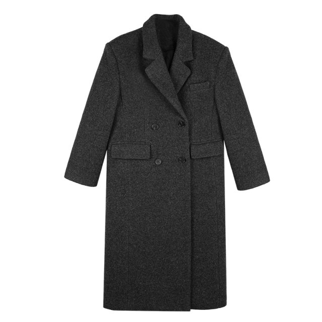 ousph 黑色高级感中长款毛呢外套女2024冬季双排扣羊毛呢子大衣