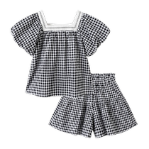 Balabala Girls Summer Suit 2024 New Summer Suit for Big Children Two-piece French Elegant Plaid Puff Sleeves