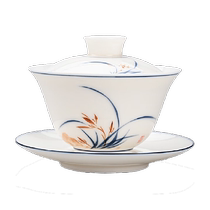 Gold inlaid jade pure hand-painted large three-capacity bowl mutton fat jade Dehua white porcelain tea bowl ceramic tea cup anti-scalding