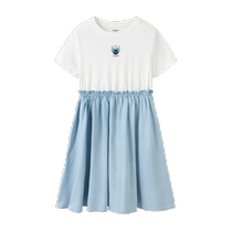 Balabala girls summer childrens dress 2024 new big childrens fake two-piece sweet printed dress