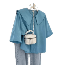 French blue doll collar short-sleeved shirt for women summer cotton and linen baby doll shirt for small people short linen top