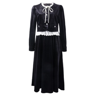 衣纱布菲2025冬装新款轻奢丝绒复古连衣裙小黑裙长袖法式假两琅薇