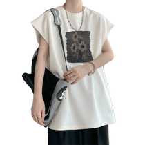 Suede floral print vest mens summer new loose sleeveless t-shirt youth round neck trendy T-shirt