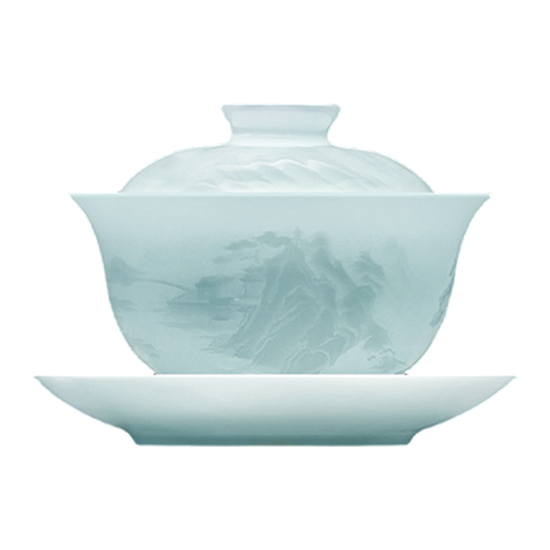 景德镇官方陶瓷中国色影青浮雕缠枝莲雕刻盖碗功夫茶具高档礼盒装-淘宝