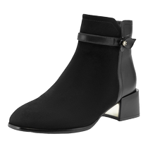 Qianbaidu Womens Shoes Autumn and Winter New Fashion Boots Elegant Blue Sheepskin Short Boots Pointed Toe Thick Heel High Heel Leather Boots